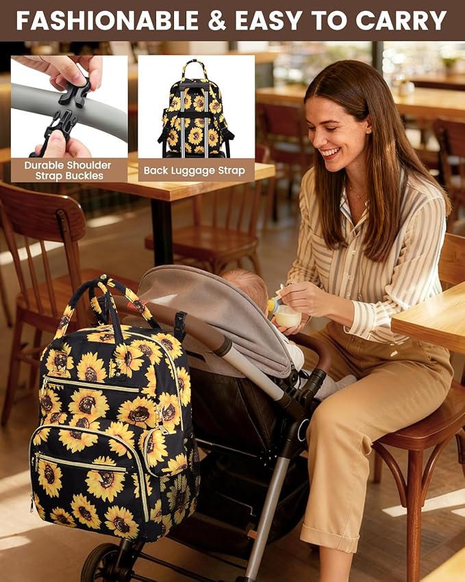 Pritent Diaper Bag Backpack,Baby Essentials Diapers Bag with Pacifier Case,Multipurpose Stylish Large Capacity Travel Backpack for Baby Girl/Boy(M-Sunflower)