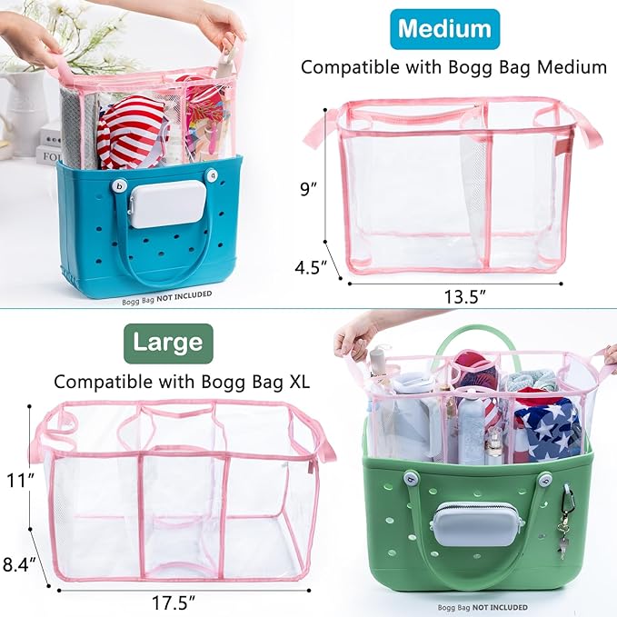 Clear Beach Bag Organizer Insert with 3pcs Accessories for Medium Bogg Bag Inserts -Beach Tote Bag Divider with Sunglasses Holder, Phone Holder and Clips Hooks - Beach Tote Insert Organizer Liner