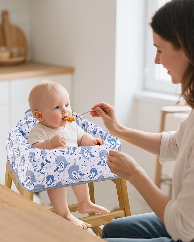 High Chair Cover Portable with 3-Point Harness, Waterproof Baby Seat Cover for Restaurant Travel Home Use, Machine Washable, Fits Wooden Chairs (Blue Whale)