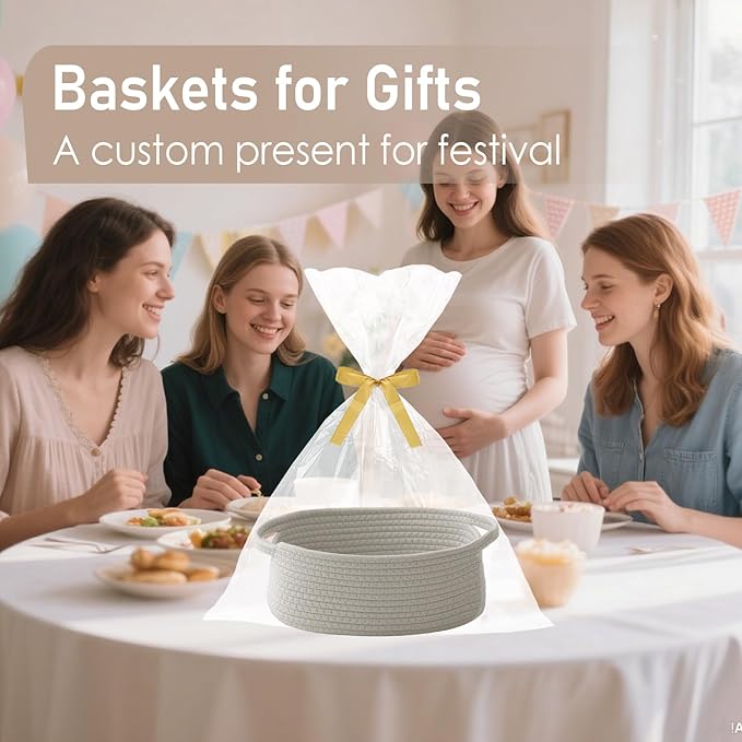 JMvicyroam Woven Basket,Small Rope Storage Bin with Handles & Ribbon Bag, Organizer for Shelves Closets,Gift Basket Empty for Birthday,Books,Dog Toys, Grey/2 Pack