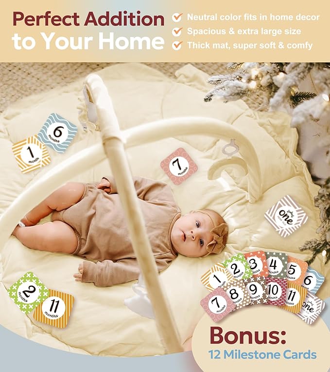 5-in-1 Thick & Plush Baby Play Gym, Baby Play Mats for Floor, Tummy Time Mat with 6 Toys, Convertible Stage-Based Developmental from Babies to Toddlers, Ball Pit, Cream