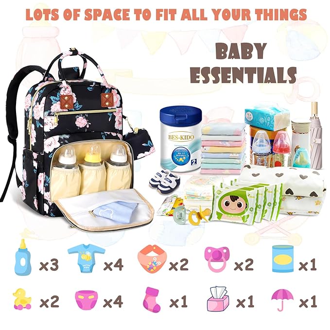 Tenot Baby Diaper Bag Backpack, Travel Diaper Bags for Girl Boy Large Capacity Baby Bag Backpack for Women Black Floral