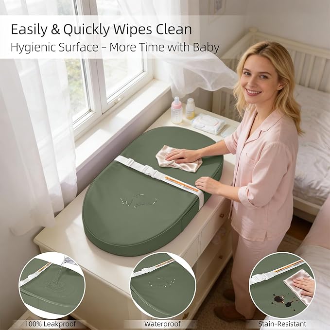 Baby Changing Pad, Waterproof Vegan Leather Wipeable Diaper Changing Pad with Safety Strap Non-Slip Changing Mat for Dresser & Table