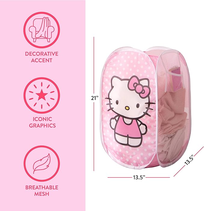 Sanrio Hello Kitty Pop-Up Hamper,Collapsible Laundry Basket with Durable Handles,Lightweight Storage Bin for Kids' Bedroom, Nursery, or Playroom,Pink
