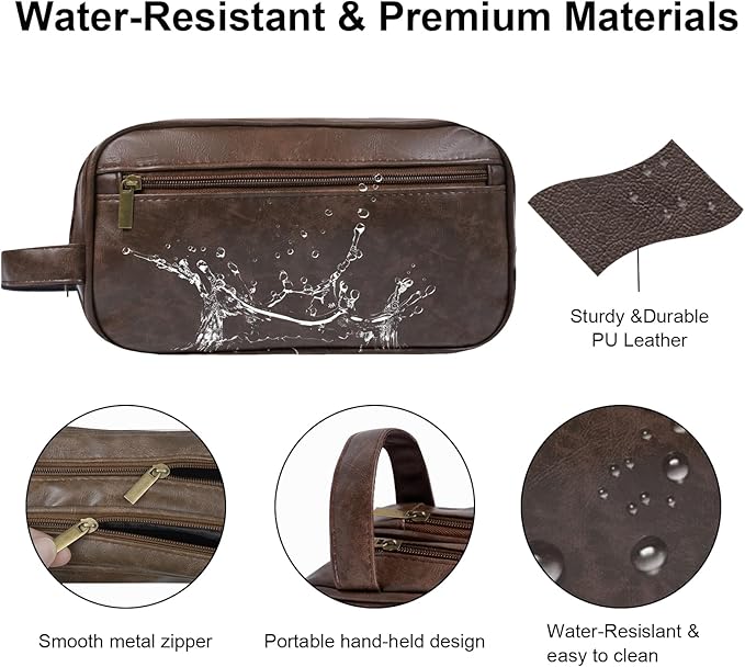 Mens travel toiletry bag, Gift For Men，PU Leather Water Resistant Cosmetic Bag Dopp Kit Shaving Pouch with Large Capacity for Toiletries Accessories(Coffee)