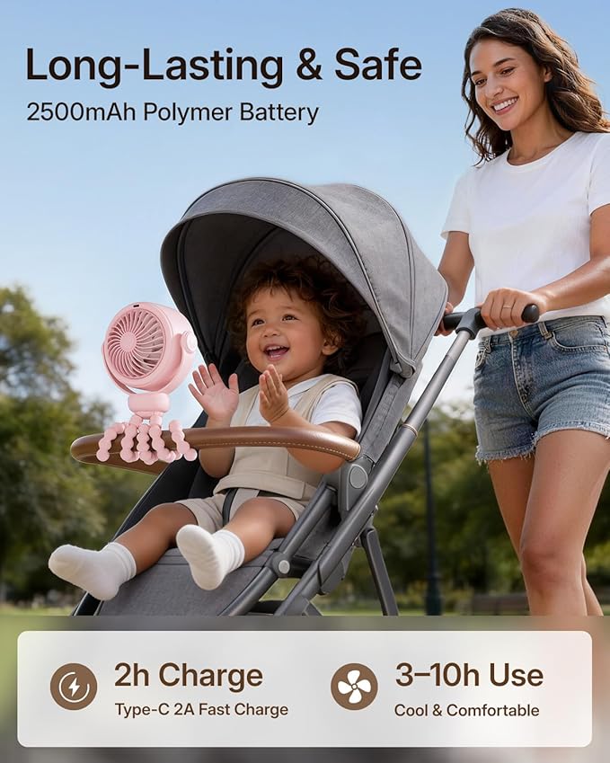 SWEETFULL Portable Stroller Fan, Pinch-Proof Baby Fan, 10H Battery, 5-Speed Quiet Mini Clip on Fan, USB-C Rechargeable with LED Display for Car Seat, Crib & Travel - Pink