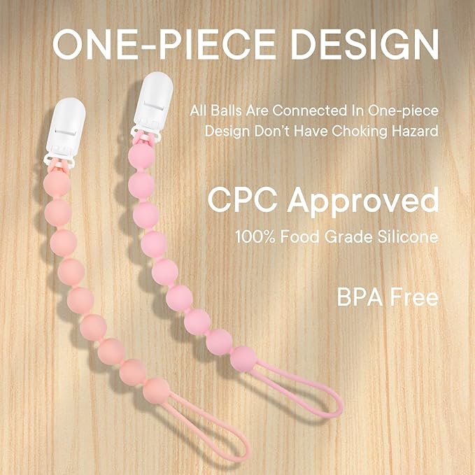 Silicone Pacifier Clip Holder, 4 Pack One Piece Soft Flexible Binky Clips Pacifier Holder Clip for Girls, Baby Girl Newborn Essentials