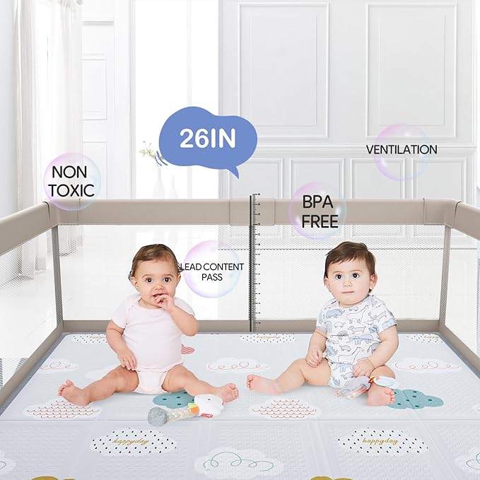 Fodoss Baby Playpen with Mat, 59x59in Playpen for Babies and Toddlers, Kids Play Pen, Extra Large Baby Fence for Infants with Playmates, Toddler Playard