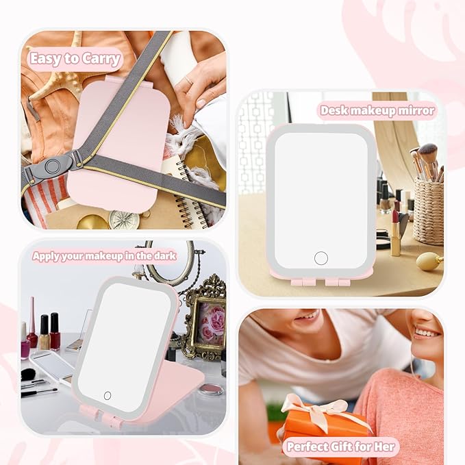 Travel Makeup Mirror, Portable Mirror with 3 Adjustable Light Settings, USB-Rechargeable Vanity Mirror with Lights，Gift for Women and Girls (Pink)