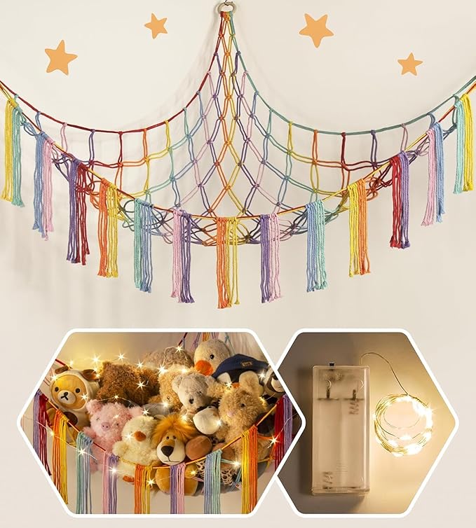 Stuffed Animal Storage Hammock Corner X-Large with LED Light - Baby Hammock Hanging Holder Plushies Net for Stuff Animals Organizer - Cute Room Decor Aesthetic Kids Toddler Nursery Bedroom