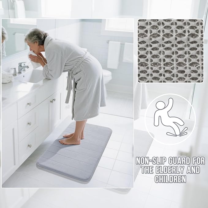 Yimobra Long Bath Mat 44"x24", Super Soft Quick Dry Memory Foam Bathroom Rug, Water Absorbent, Non Slip Backing Machine Washable for Tub Shower, Thick Comfort Support, Silver