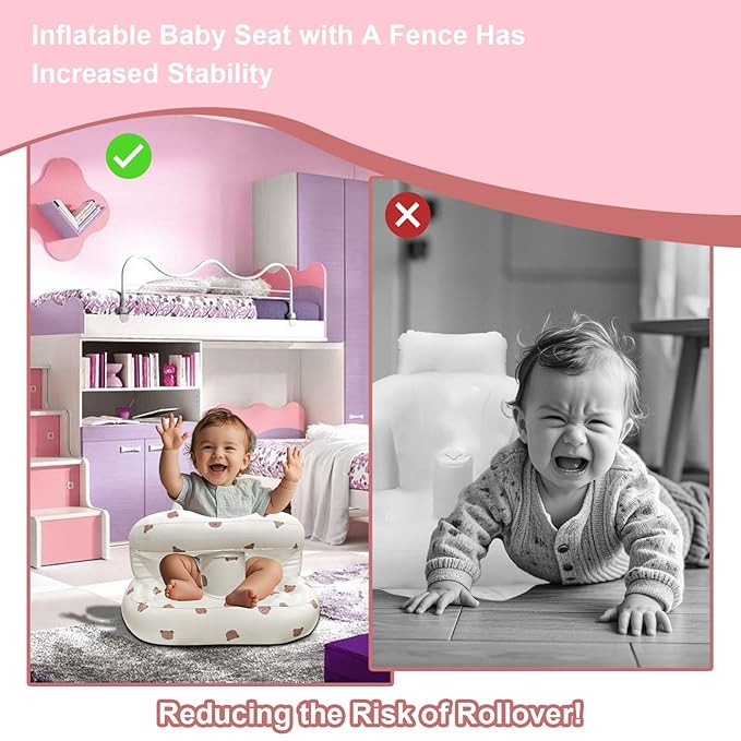 Inflatable Baby Seat for Babies 3-36 Months, Baby Chair with Fence & Built in Air Pump, Blow Up Floor Baby Seat with Back Support, Inflatable Baby Chair Sit Me Up for Home, Travel (Bear)
