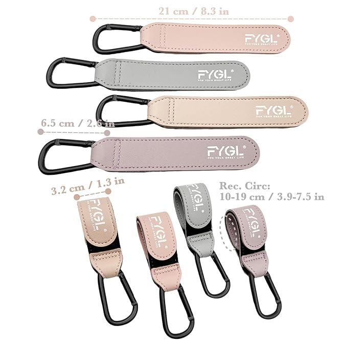 Stroller Hooks - Leather Buggy Clips, Pushchair Carabiner Clip for Bags, Easy Attachment for Pram, Universal Stroller Clips and Hooks, Stroller Accessories - Morandi Light (4 Pack)