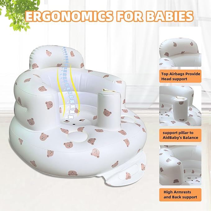 AGITVPS Inflatable Baby Seat for Babies 3-36 Months, Built in Air Pump Baby Chair Sit Me up Floor Seat for Baby, Bumbo Seat for Learning to Sit, Feeding, Camping (Bear)
