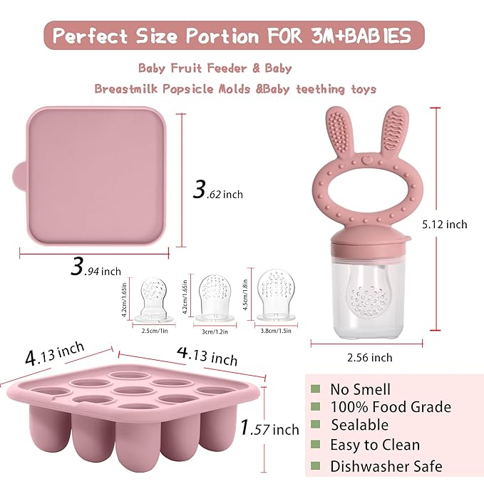 Baby Breastmilk Popsicle Molds & Baby Fruit Feeder (2 Pack), Baby Food Freezer Tray Storage Containers, Silicone Teething Pacifier Feeder and Teether for Babies,Baby Feeder-Pink