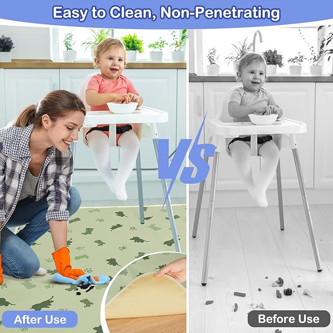 Basumee Splat Mat High Chair Mat Waterproof Baby Play Splat Mat for Under High Chair Food Catcher Highchair Mat for Floor Non Slip Bottom, Light Green Dinosaur, 46x42 Inches