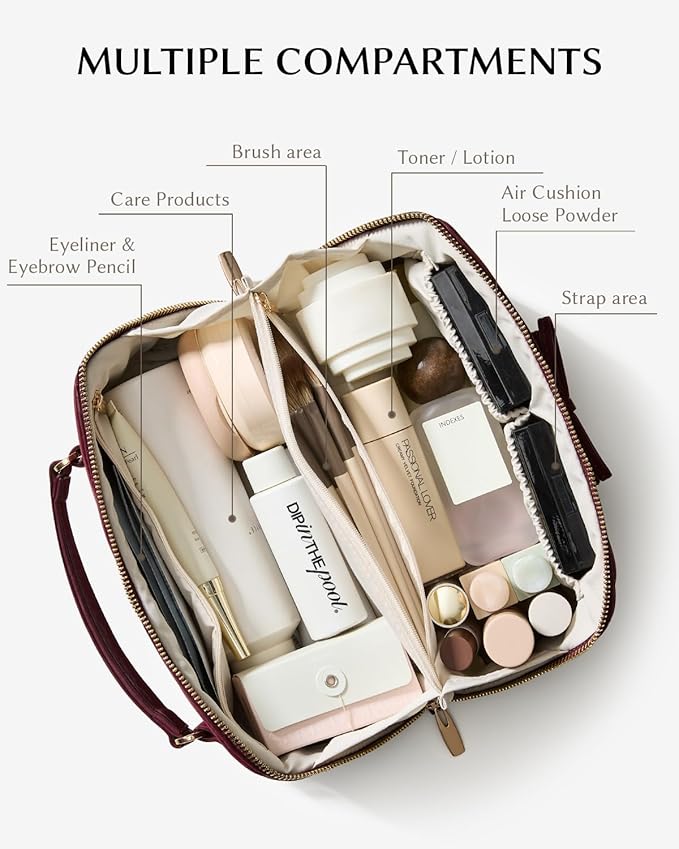 EACHY Travel Makeup Bag, Large Capacity Cosmetic Bag for Women, Waterproof PU Leather, Flat Open Portable Toiletry Bag for Skincare, Brushes & Travel Essentials