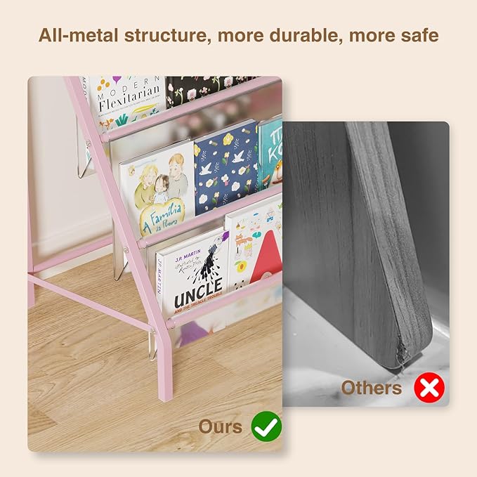 High-Transparent 4 Tier Kids Bookshelf, Sturdy Metal Large Size Book Rack Storage for Kid - Toddler Book Shelf Display for Nurasery, Playroom or Kids Room, Bookshelf Hold More Books - Pink