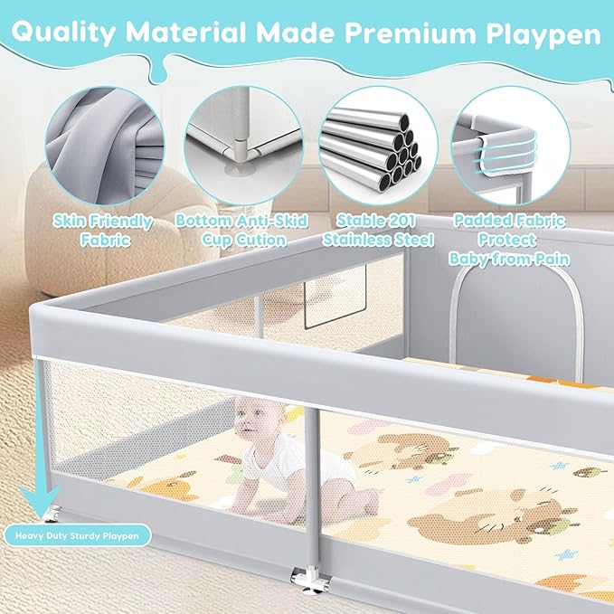 Fshibila Baby Playpen with Mat, Baby Playard for Toddlers, Sturdy Safety Play Yard with Soft Breathable Mesh, Anti-Fall, 50 * 50 * 27 inches Grey