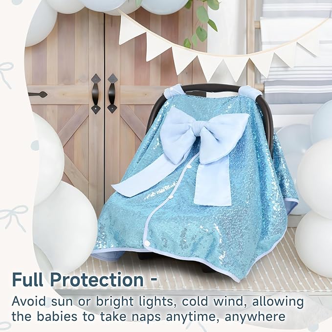 Baby Carseat Canopy Cover with Bow for Girls Boys with Bow Stroller and Cart Cover Carseat Nursing Cover Newborn Gift (Blue)