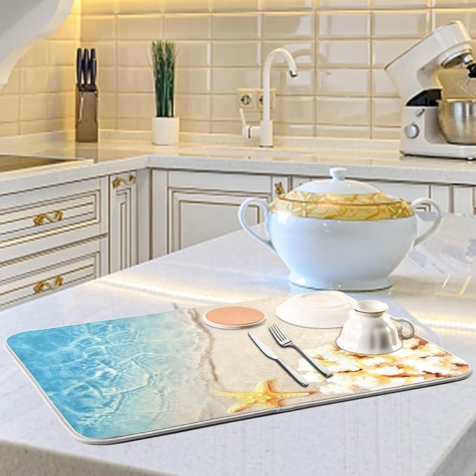 Absorbent Dish Drying Mat for Kitchen Counter - Starfish Coral Summer Microfiber Drying Pad, Reversible Drainer Mats for Countertop, Small 16" x 18"