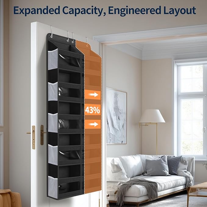 Yecaye 5-Tier Over The Door Organizer Dual-Column, 80lbs Load Over The Door Storage of 10 Compartments, Heavy Duty Extra Large Door Organizer Hanging for Bedroom Closet Nursery Bathroom Pantry, Black