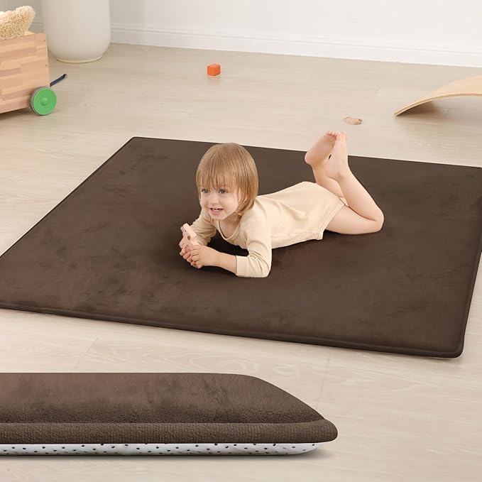 Baby Play Mat for Floor,1.3" Thick Memory Foam Tummy Time Mat,Soft Coral Velvet Nursery Rug,Extra Large Non Slip Crawling Mats for Living Room(Dark Brown)