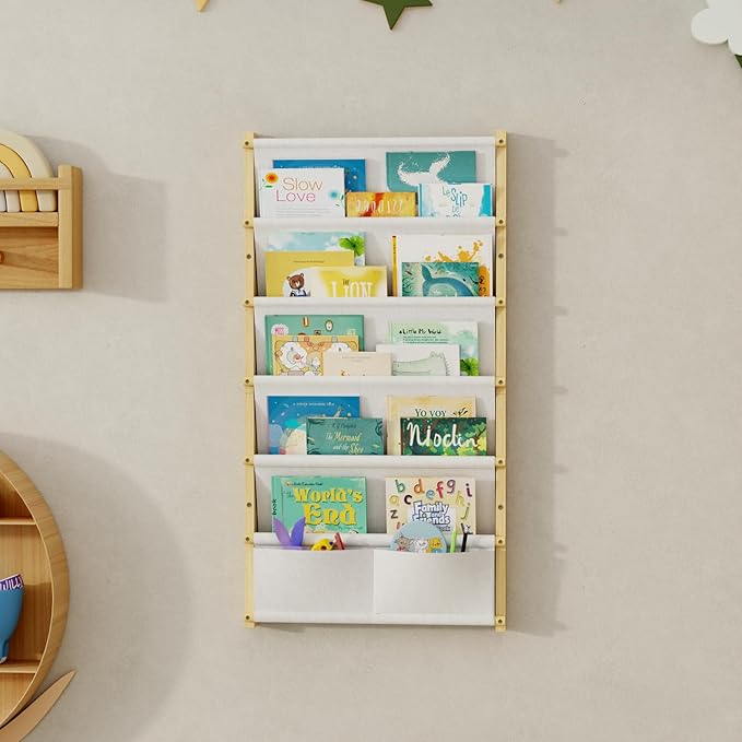 Wood 6-Tier Wall Mounted Kids Bookshelf – Floating Book Shelf For Kids Rooms,Nursery & Classroom, Hanging Bookcase Organizer For Books,Toddler Book Shelf, Montessori Bookshelf, Nursery Shelves (Small)