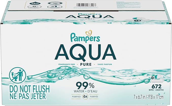 Pampers Aqua Pure Baby Wipes, 99% Water, Fragrance Free, Unscented, Water Based, Multi-Use, 672 Wipes Total (12X Flip-Top Packs) [Packaging May Vary]