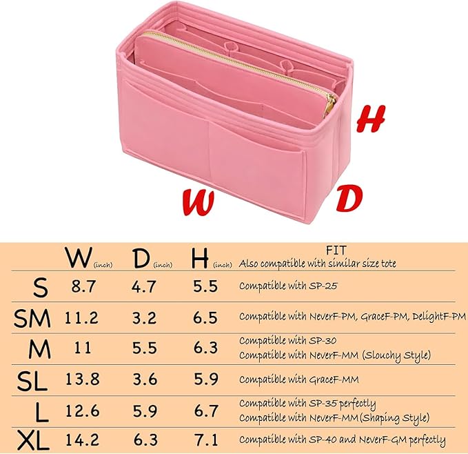Purse Organizer Insert with Zipper Felt Bag Organizer Handbag Organizer Insert Bag in Bag Organizer with Key Chain for Tote Purse Bag Pink Small