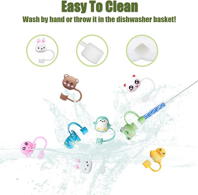 8Pcs Cute 10mm Animal Straw Covers Cap for Stanley Cup,Silicone Straw Toppers Compatible with Stanley 30&40 Oz Tumblers with Handle, Dust-Proof Reusable Lids Tumbler Cup Accessories