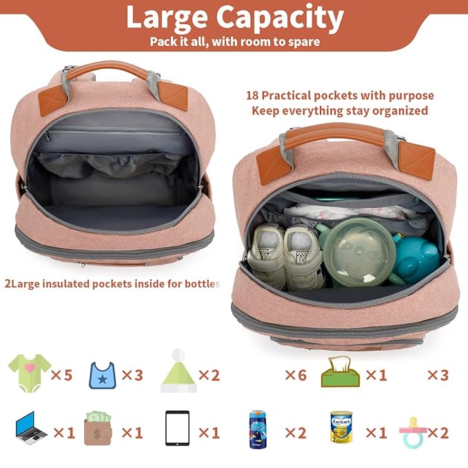 BILLITON MASHI Diaper Bag Backpack, Large Baby Nappy Bags with Portable Changing Pad for Boys and GirlsMultifunction Travel Baby Bag for Moms Dads, Shower Gifts Waterproof and Stylish，Deep Powder
