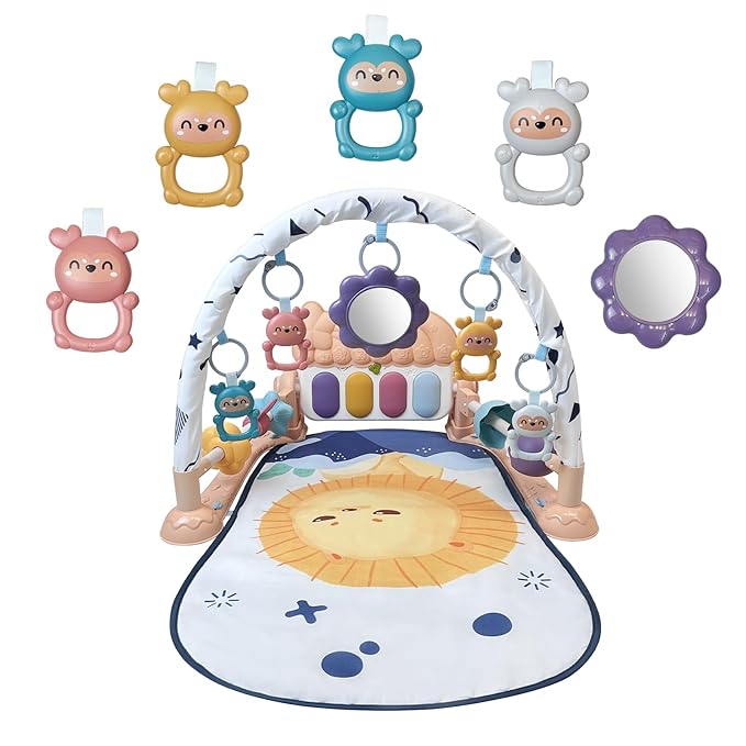 Baby Play Mat Activity Gym, Musical Activity Center, Kick and Play Piano Gym, Tummy Time Mats for Newborn Babies Infants Toddlers Boys Girls 0-3-6-9-12 Months (Apricot)
