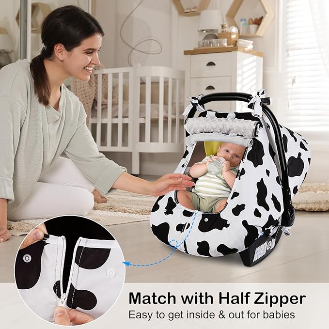 FIOBEE Baby Car Seat Cover, Car Seat Covers for Babies Infant Car Seat Canopy with Breathable Mesh Window Waterproof Carseat Cover for Babies Boy Girl 4 Seasons, White/Cow