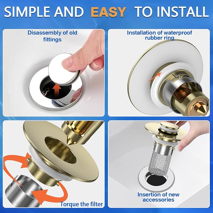 Sink Stopper Hair Catcher,(3PCS) Pop-up Sink Drain Strainer with Removable Stainless Steel Strainer Basket Hair Catcher, Bathroom Sink Strainer for Bathroom Sink Stopper Replacement (3, Brushed Gold)