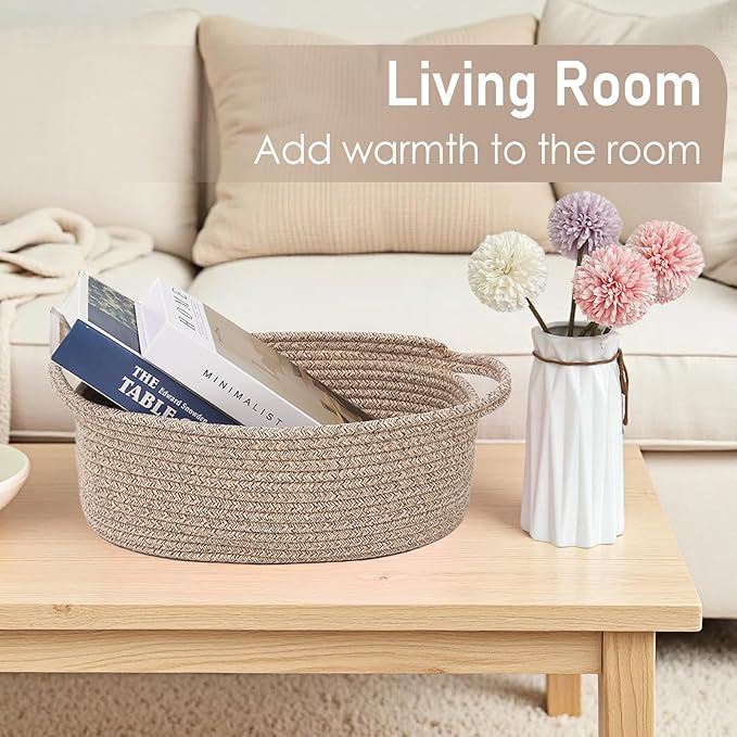 JMvicyroam Woven Basket,Small Rope Storage Bin with Handles & Ribbon Bag, Organizer for Shelves Closets,Gift Basket Empty for Birthday,Books,Dog Toys,Oatmeal