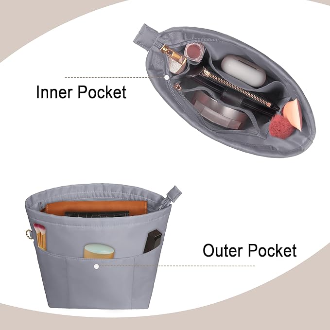 Vercord Purse Insert Organizers for Petite Tote Bag Organizer Insert Inside Handbag Shaper with Zipper Light Grey Mini