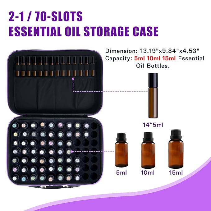EVA Essential Oil Storage Carrying Case, 70 Bottles, Essential Oils Box for 5ml 10ml 15ml Roller Bottles Travel Storage Organizer Bag for doTERRA & Young Living (Purple)
