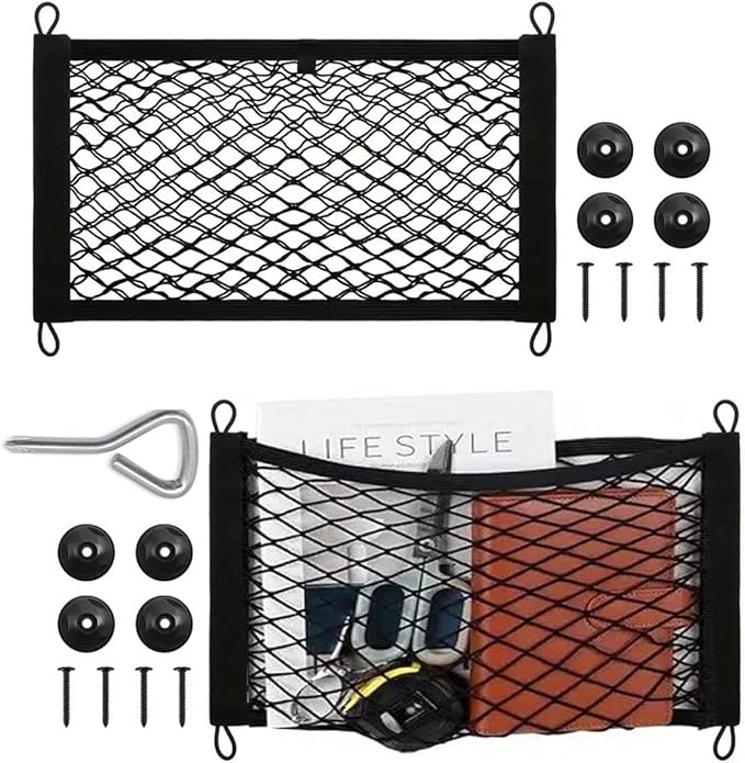 2 Pcs Small Cargo Net, Trunk Storage with Screws and Hooks, Elastic Net Bag for Car, RV, Boat (14in×9.8in)