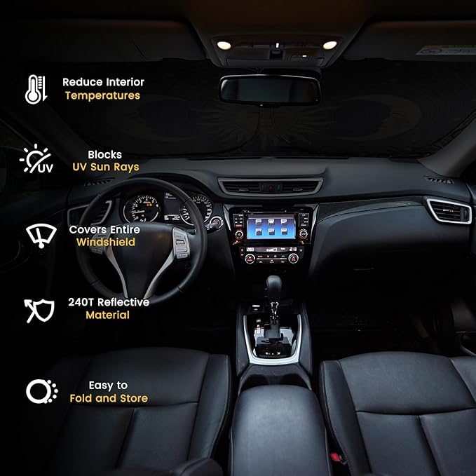 Windshield Sun Shade, Car Sun Shade Windshield, Reflector Sunshade Offers Ultimate Protection for Car Interior, Reflective Polyester Blocks Heat for Cars, Trucks, SUVs (57 x 31.5 in)