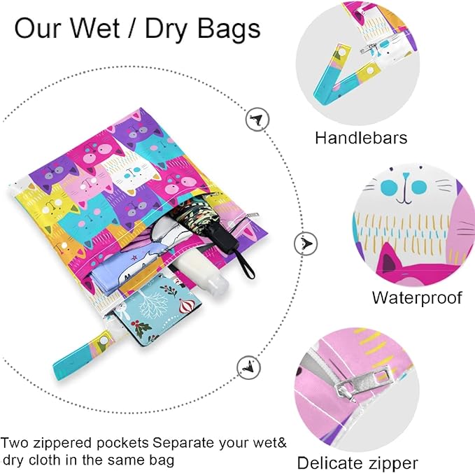 visesunny Colorful Cat 2Pcs Wet Bag with Zippered Pockets Washable Reusable Roomy for Travel,Beach,Pool,Daycare,Stroller,Diapers,Dirty Gym Clothes, Wet Swimsuits, Toiletries