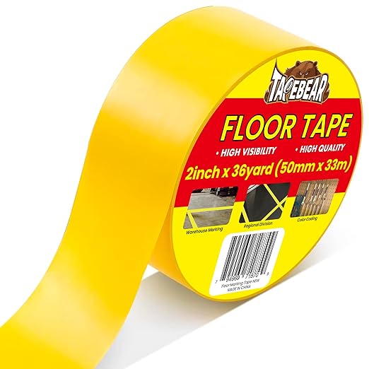 TAPEBEAR Floor Tape Yellow Vinyl Tape 2" x 36 yds, Floor Caution Marking Dance Splicing Tape Safety Warning Stripe Abrasion-Proof Waterproof for Gym, Warehouse, Traffic Signage, Color Coding