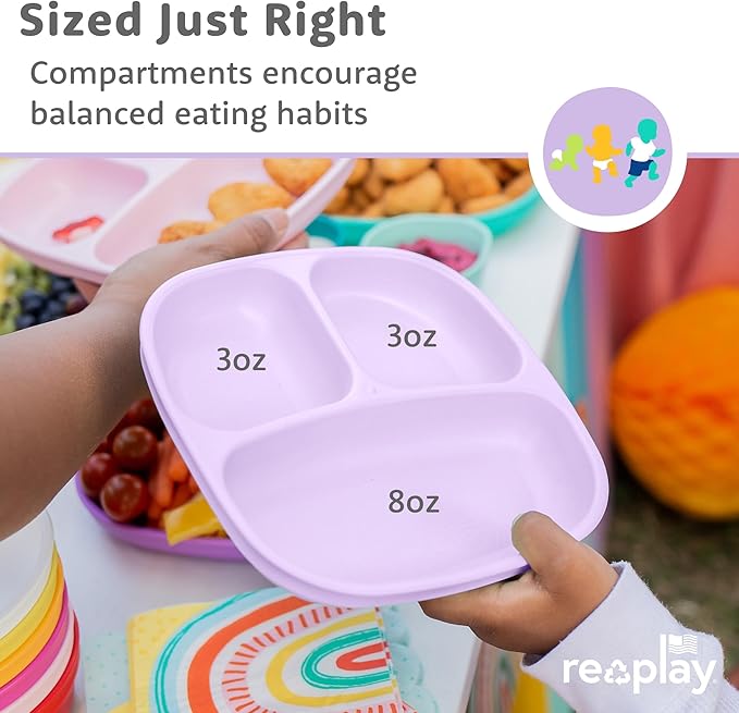 Re-Play Toddler Plates with Dividers - Deep-Walled 3 Compartments Divided Plates for Kids - Dishwasher & Microwave Safe - Made in USA - Set of 3, Bubble Pop