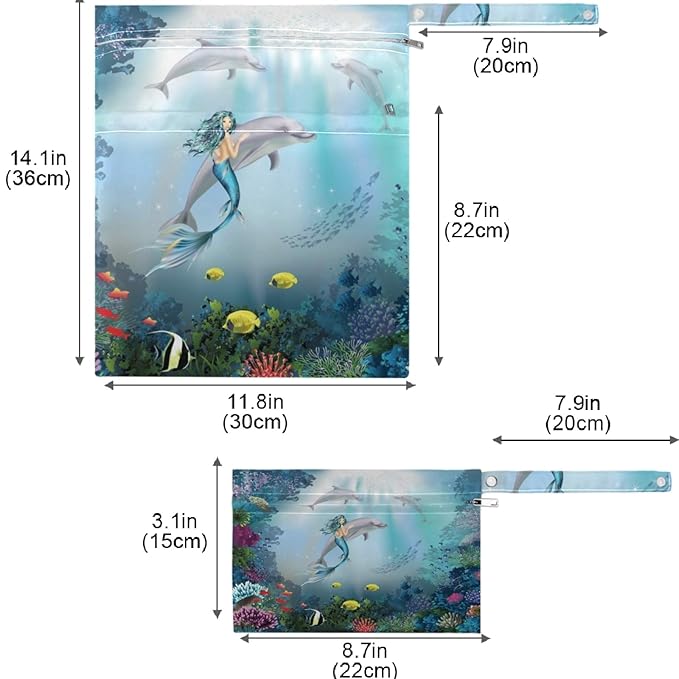 visesunny Mermaid Dolphin Animal 2Pcs Wet Bag with Zippered Pockets Washable Reusable Roomy for Travel,Beach,Pool,Daycare,Stroller,Diapers,Dirty Gym Clothes, Wet Swimsuits, Toiletries