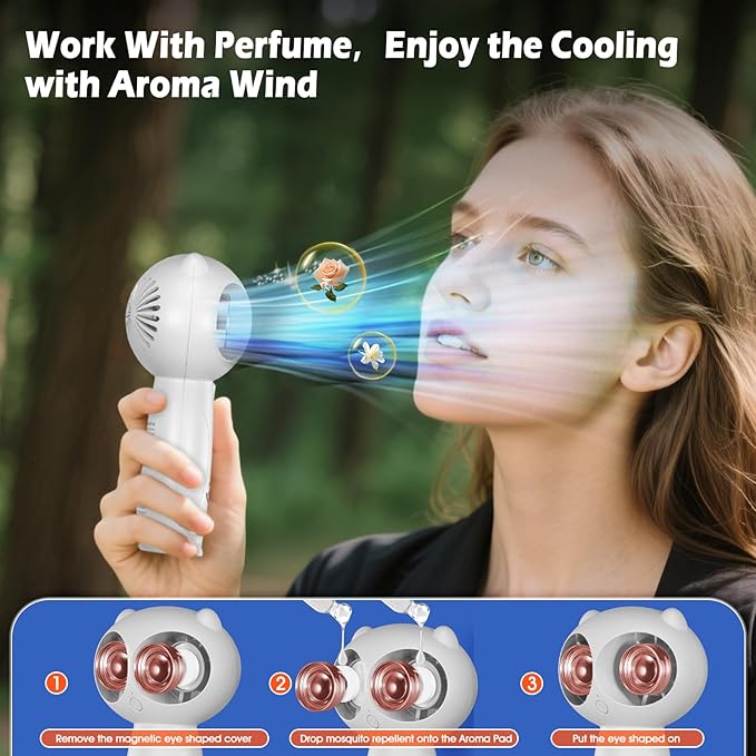 Portable Aroma Handheld Fan - Rechargeable 6000mAh Battery USB-C Owl Shaped with Clip Mini Personal Turbo Travel Essentials (White)