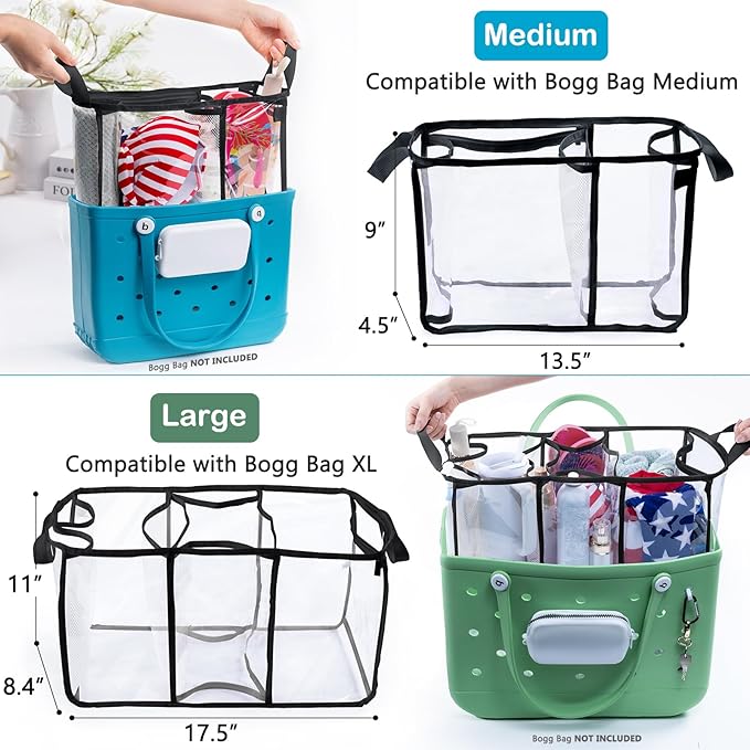 Clear Beach Bag Organizer Insert with 3pcs Accessories for Medium Bogg Bag Inserts -Beach Tote Bag Divider with Sunglasses Holder, Phone Holder and Clips Hooks - Beach Tote Insert Organizer Liner