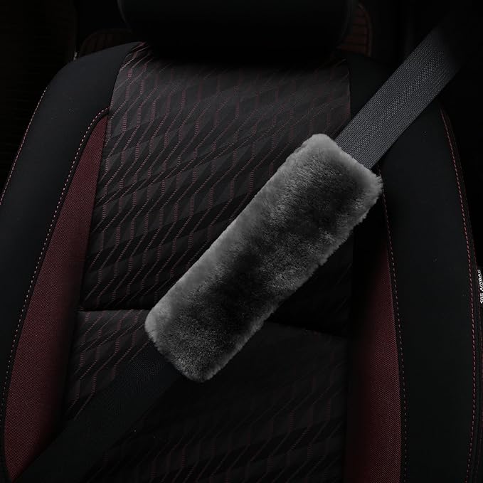 2pc Soft Genuine Sheepskin Wool Auto Seat Belt Cover Seatbelt Shoulder Pad for a More Comfortable Driving, Compatible with All Cars(Dark Gray)