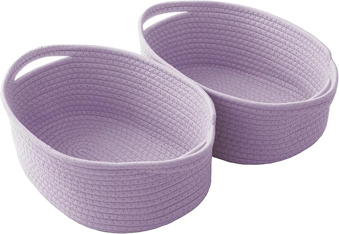 JMvicyroam Woven Basket,Small Rope Storage Bin with Handles & Ribbon Bag, Organizer for Shelves Closets,Gift Basket Empty for Birthday,Books,Dog Toys, Purple/2 Pack