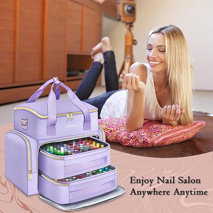 YOREPEK Extra Large Nail Polish Organizer Case Holds 96 to 100+ Bottles (15ml/0.5 fl.oz) UV lamp, Gel Polish Travel Case Bag with 2 Removable Pouches Fits Nail Suppiles, Gift for Manicurist, Purple