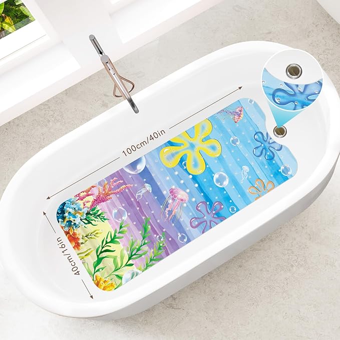 SHUCHING Beach Ocean Sea Baby Bath Mat for Tub Non Slip-40 X 16Inch, Kids Bathtub Mat Anti Slip, Toddler Long Shower Mat for Bathroom Mold Free, Machine Washable